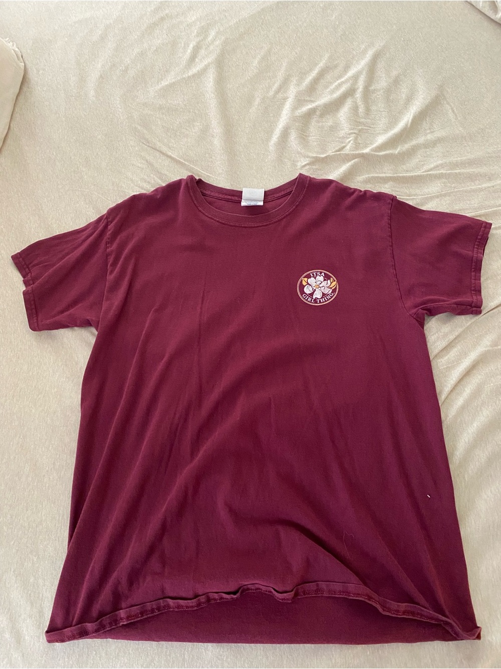 A Girl Thing Short Sleeve Tee in Burgundy with Floral Chest Patch